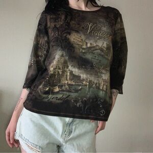 y2k blue canyon 3/4 sleeve top